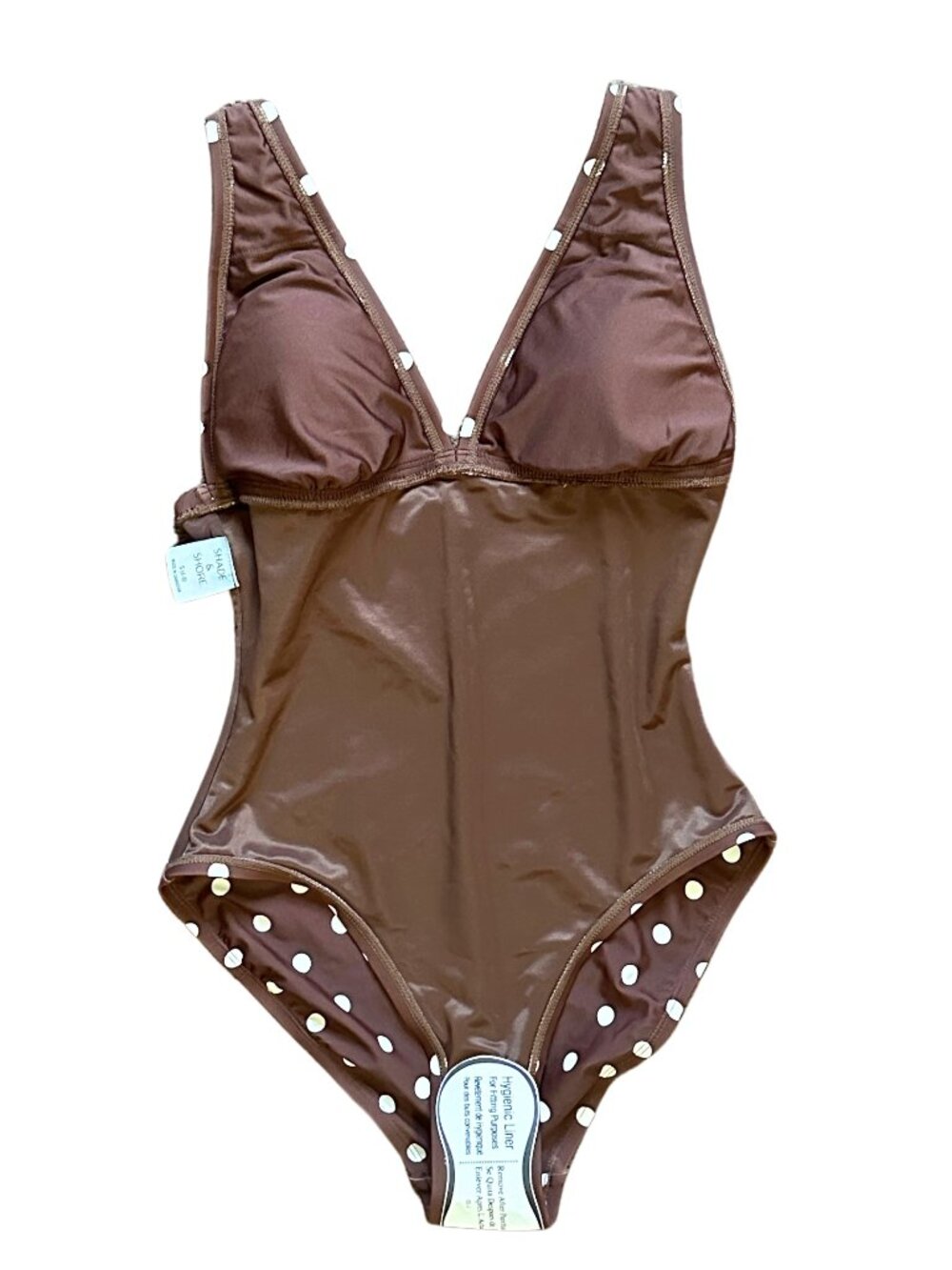 Shade & Shore Brown White Polka Dot Lined One Piece Swimsuit Small - Picture 10 of 10